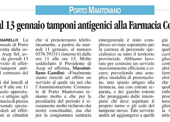 Dal 13 gennaio tamponi antigenici alla Farmacia Comunale