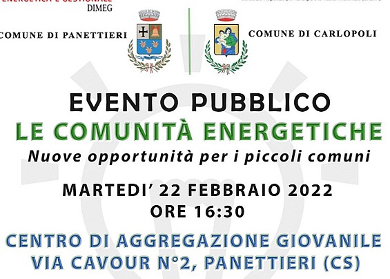 EVENTO PUBBLICO: LE COMUNITA' ENERGETICHE. NUOVE OPPORTUNITA' PER I PICCOLI COMUNI