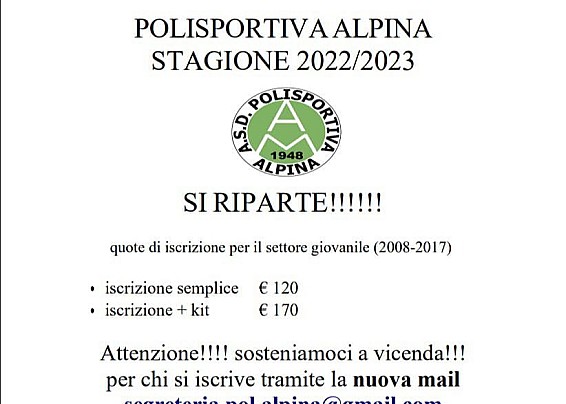 ISCRIZIONI 2022/2023 POLISPORTIVA ALPINA 1948