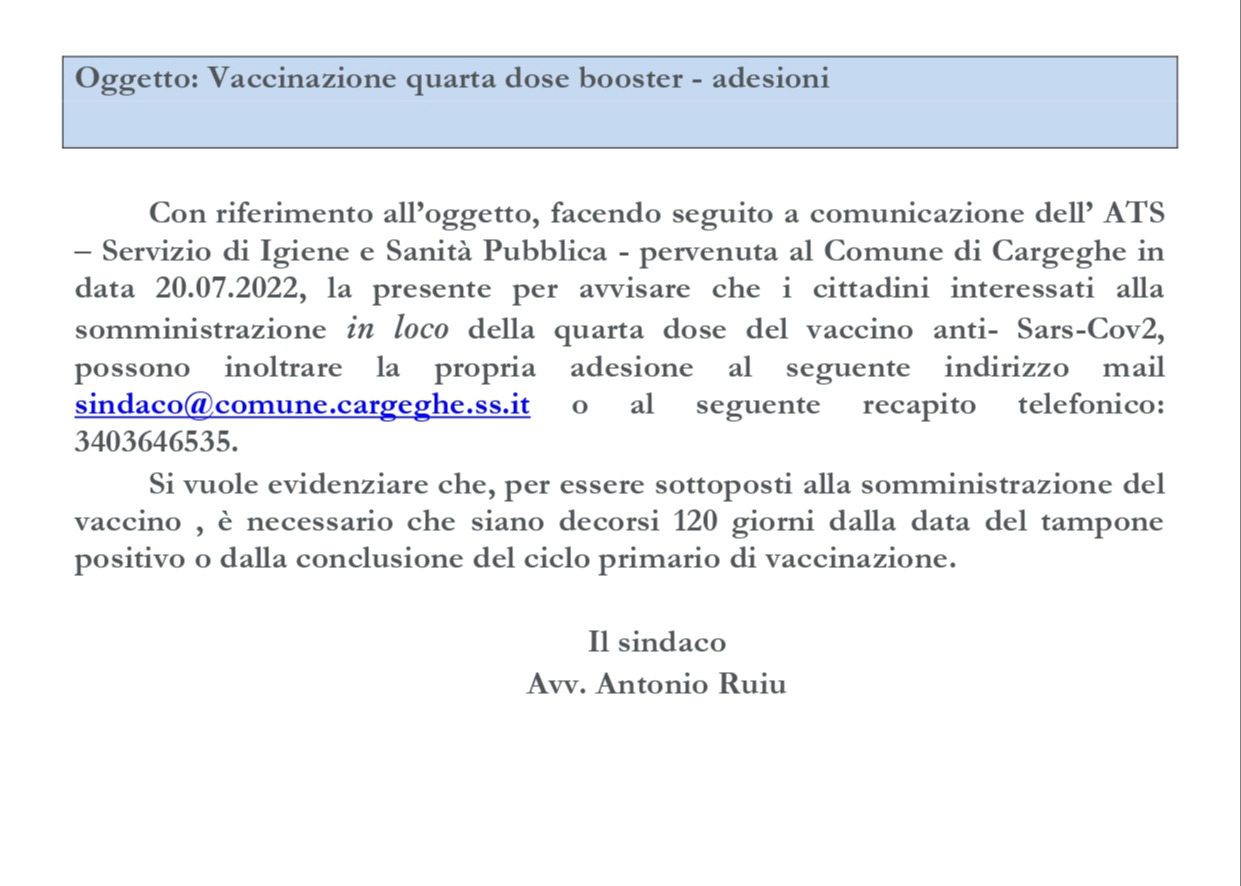QUARTA DOSE BOOSTER ANTI SARS-COV2