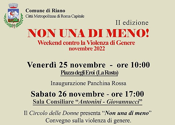 IL CIRCOLO DELLE DONNE PER “NON UNA DI MENO”: SABATO 26 NOVEMBRE ORE 17.00, SALA CONSILIARE MUNICIPALE