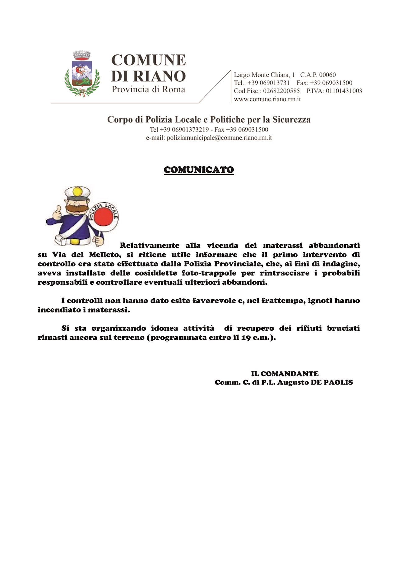 Comunicato materassi abbandonati su Via del Melleto