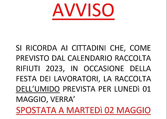 VARIAZIONE RACCOLTA RIFIUTI DI LUNEDI' 1 MAGGIO