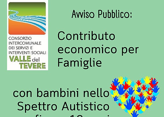 IL CONSORZIO VALLE DEL TEVERE INFORMA: AVVISO PUBBLICO “CONTRIBUTO ECONOMICO PER BAMBINI FINO A 12 ANNI NELLO SPETTRO AUTISTICO”