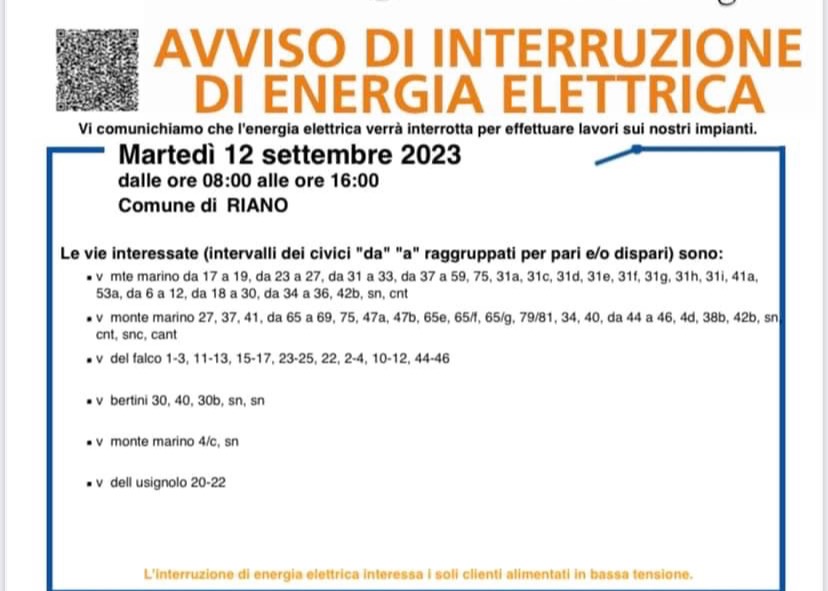 E-DISTRIBUZIONE INFORMA: INTERRUZIONE DI ENERGIA ELETTRICA IL 12.09 H 8.00/16.00
