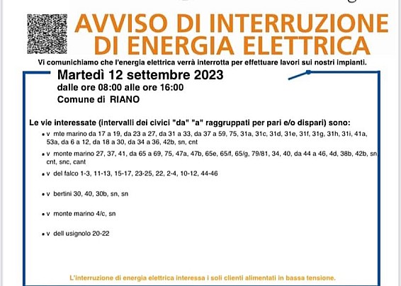 E-DISTRIBUZIONE INFORMA: INTERRUZIONE DI ENERGIA ELETTRICA IL 12.09 H 8.00/16.00