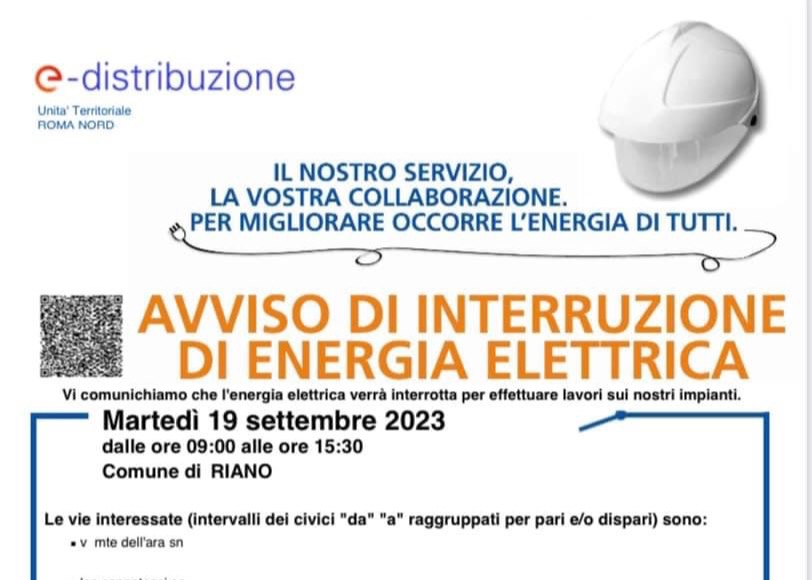 E-DISTRIBUZIONE INFORMA: INTERRUZIONE DI ENERGIA ELETTRICA IL 19 SETTEMBRE H 9/15.30