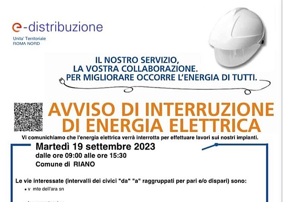 E-DISTRIBUZIONE INFORMA: INTERRUZIONE DI ENERGIA ELETTRICA IL 19 SETTEMBRE H 9/15.30