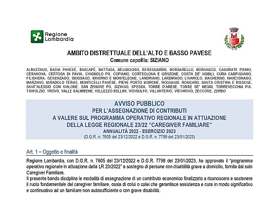 AVVISO PUBBLICO PER L'ASSEGNAZIONE DI CONTRIBUTI A VALERE SUL PROGRAMMA OPERATIVO REGIONALE IN ATTUAZIONE DELLA LEGGE REGIONALE 23/22 "CAREGIVER FAMILIARE"