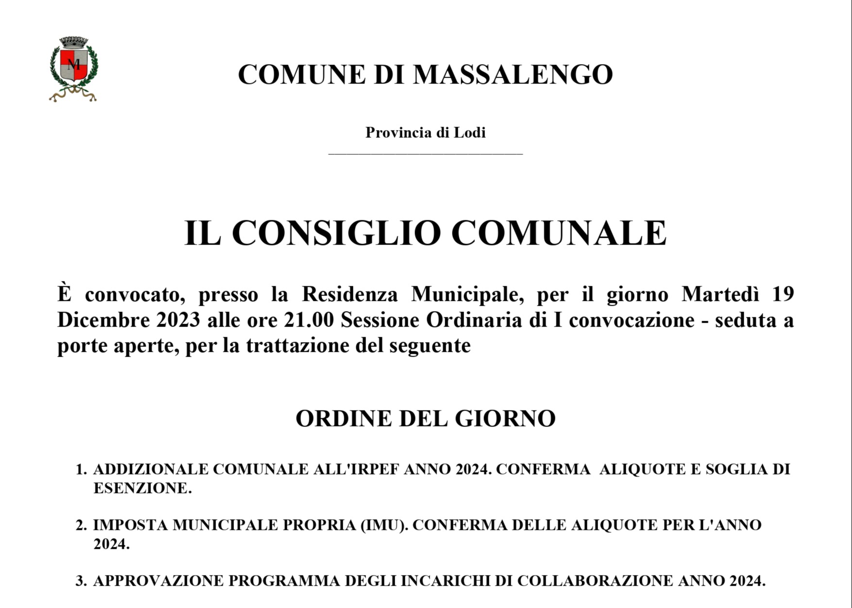 CONVOCAZIONE CONSIGLIO COMUNALE