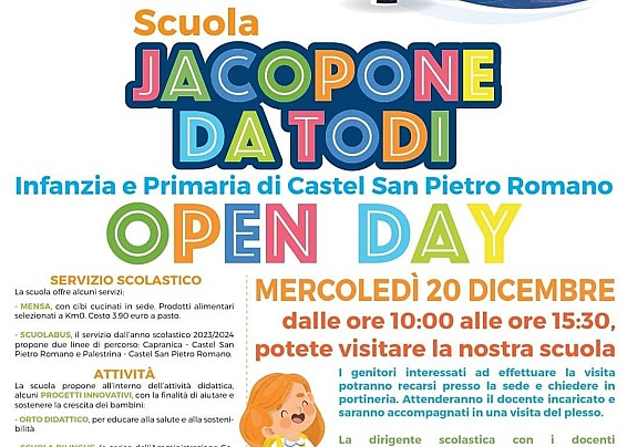 Mercoledì 20 Dicembre Open Day scuola Jacopone da Todi