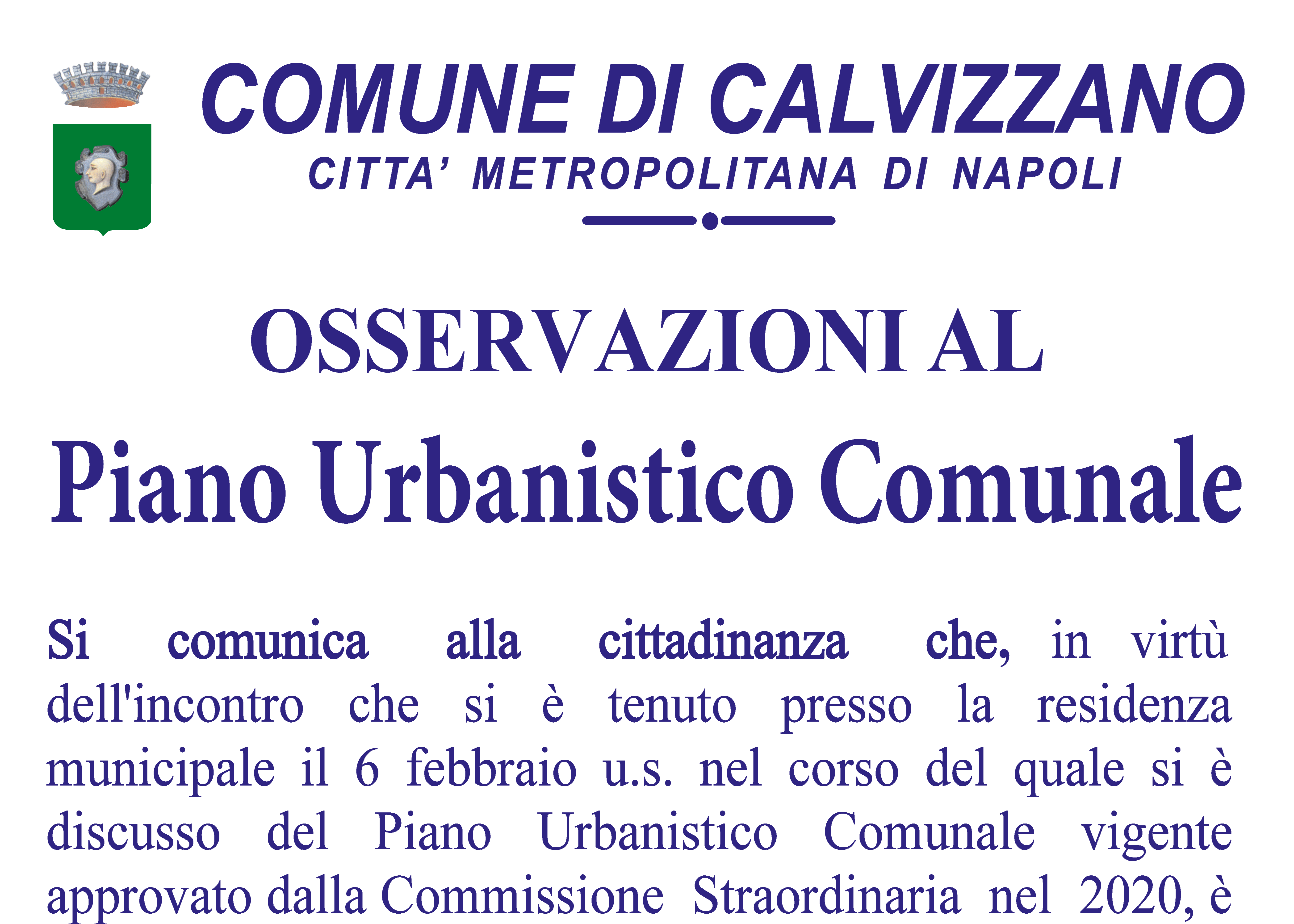Avviso pubblico inerente le osservazioni da formulare al Piano Urbanistico vigente