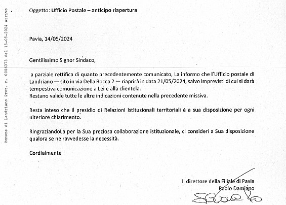 AVVISO - ANTICIPO RIAPERTURA UFFICIO POSTALE