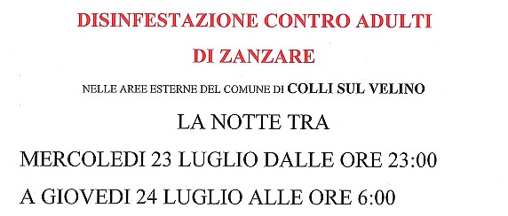 Avviso Disinfestazione Zanzare del 23/24 luglio 2025