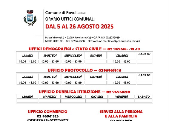 ORARIO UFFICI COMUNALI DA MARTEDì 5 AGOSTO
