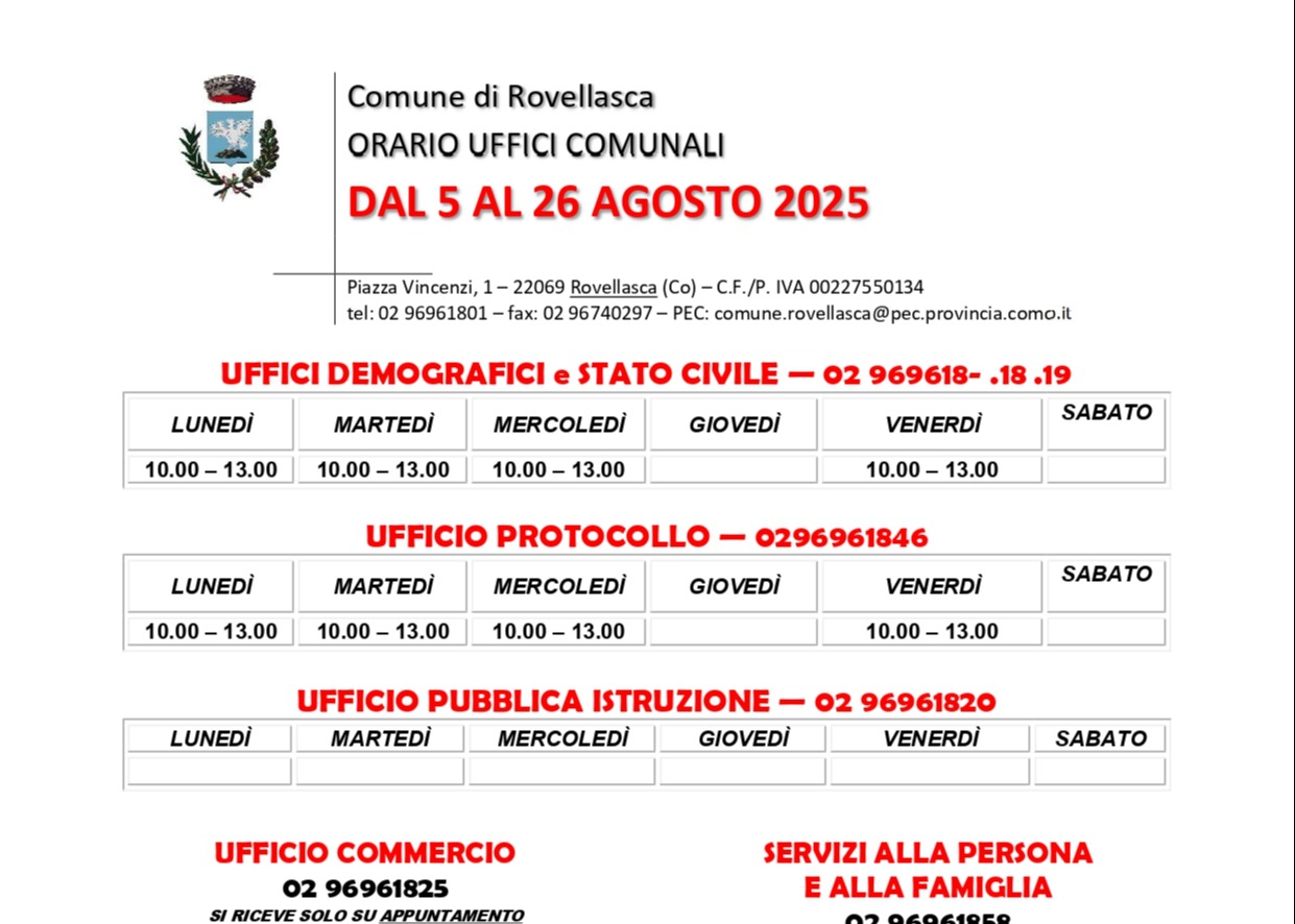 ORARIO UFFICI COMUNALI DA MARTEDì 5 AGOSTO