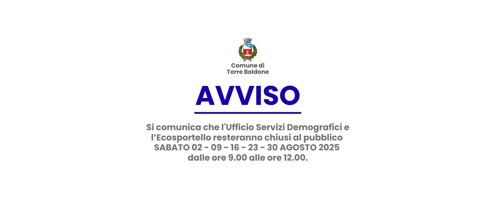 AVVISO - chiusura Uffici Demografici ed Ecosportello agosto 2025