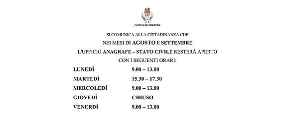 Modifica Orari Apertura Ufficio Anagrafe e Stato Civile