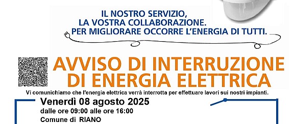 E-DISTRIBUZIONE informa interruzione di corrente il giorno 8 agosto dalle ore 9:00 alle ore 16:00
