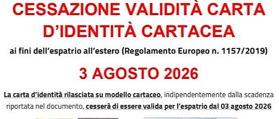 03 AGOSTO 2026 - CESSAZIONE VALIDITA' CARTA IDENTITA' CARTACEA