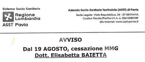 Comunicazione ASST-Pavia pensionamento dr.ssa Elisabetta Baietta