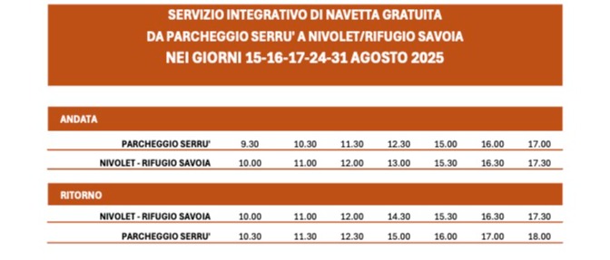 Potenziamento servizio di navetta gratuita - tratta Serrù al Rifugio Savoia