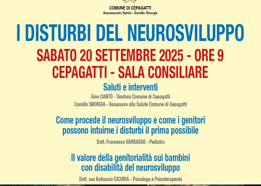 Convegno sui disturbi del neurosviluppo - sabato 20 settembre 2025 ore 9:00 sala Consiliare