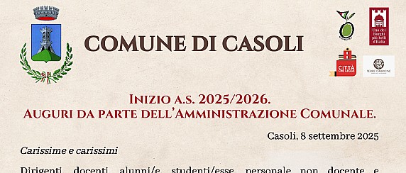 Inizio a.s. 2025/2026. Auguri da parte dell’Amministrazione Comunale.