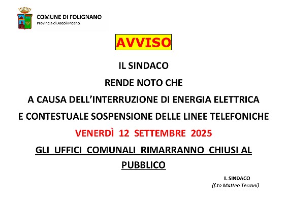 CHIUSURA UFFICI COMUNALI VENERDI' 12 SETTEMBRE 2025