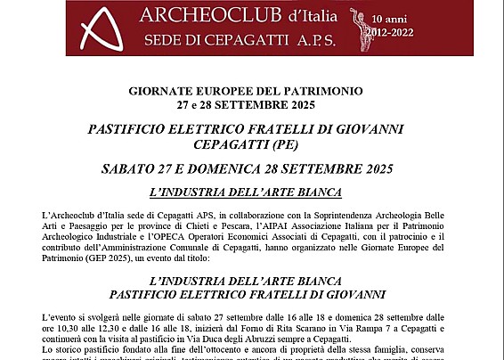 L'Industria dell'arte bianca - visite gratuite presso il pastificio elettrico F.lli Di Giovanni i dettagli nei volantini allegati