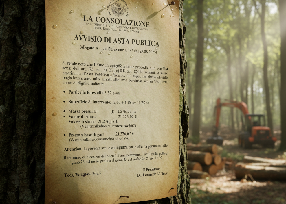 AVVISO DI ASTA PUBBLICA PER LA VENDITA "IN PIEDI" DI TAGLIO BOSCHIVO A TODI - SCADENZA: 23.10.2025 ore 11,00 - seduta pubblica: 23.10.2025, ore 10.