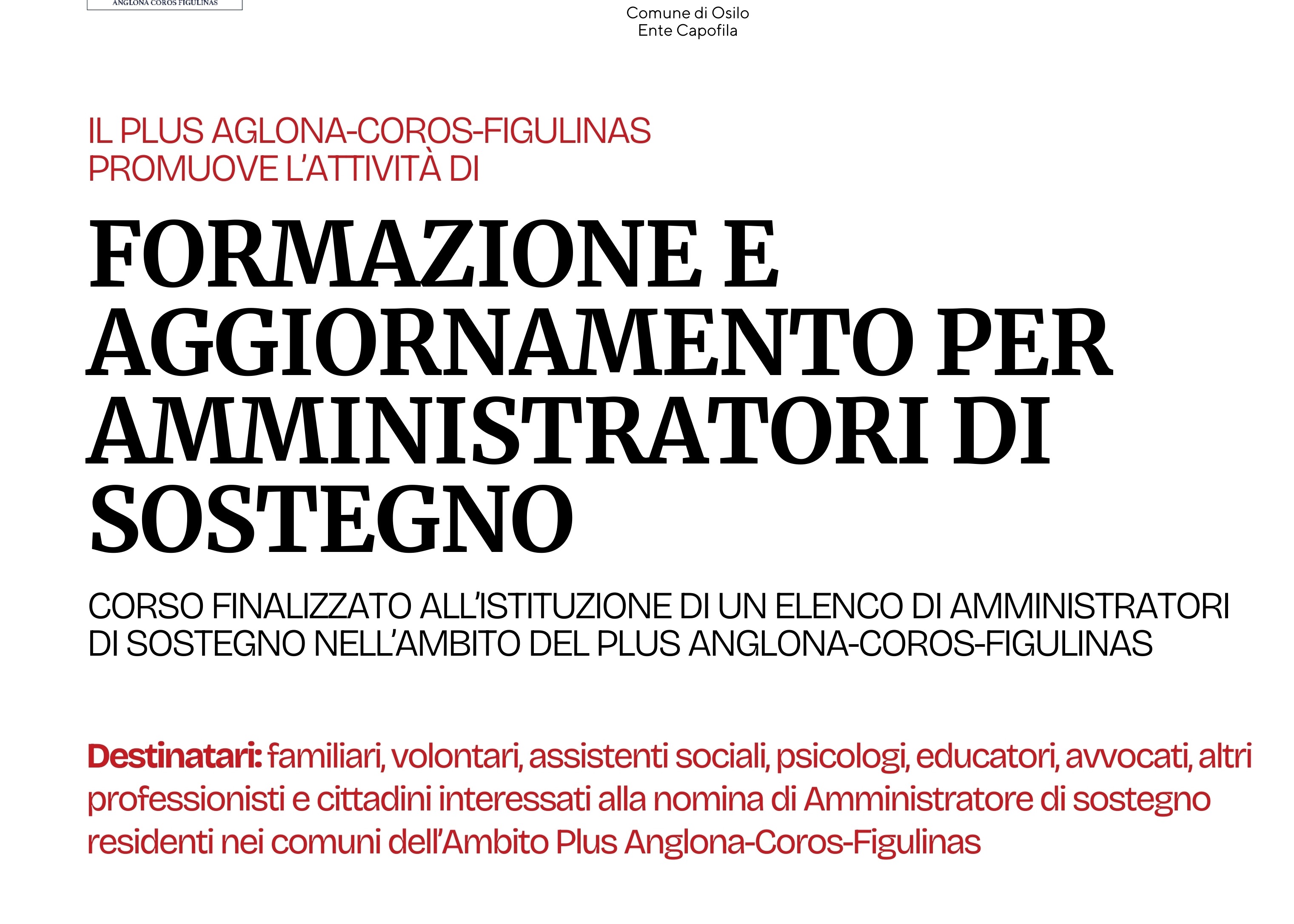 AVVISO - FORMAZIONE E AGGIORNAMENTO PER AMMINISTRATORE DI SOSTEGNO