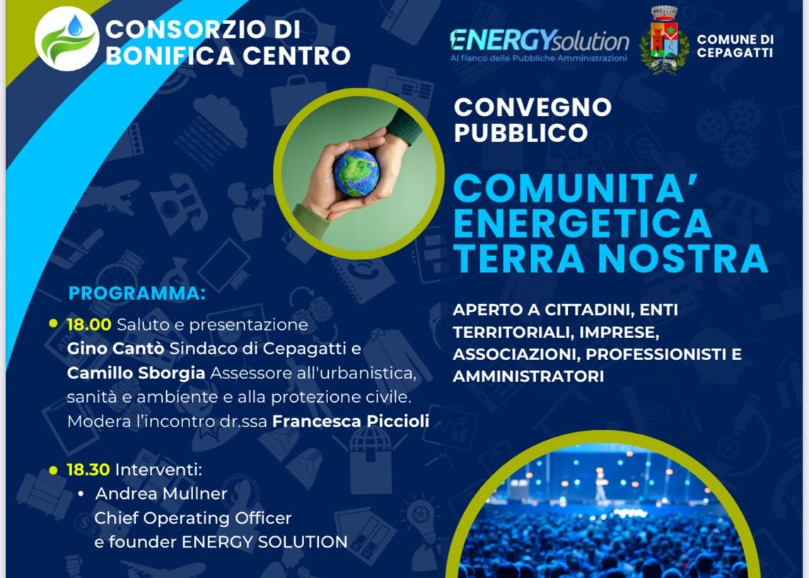 Convegno pubblico - Comunità energetica terra nostra - 6 ottobre ore 18:00 sala consiliare. I dettagli nel volantino allegato