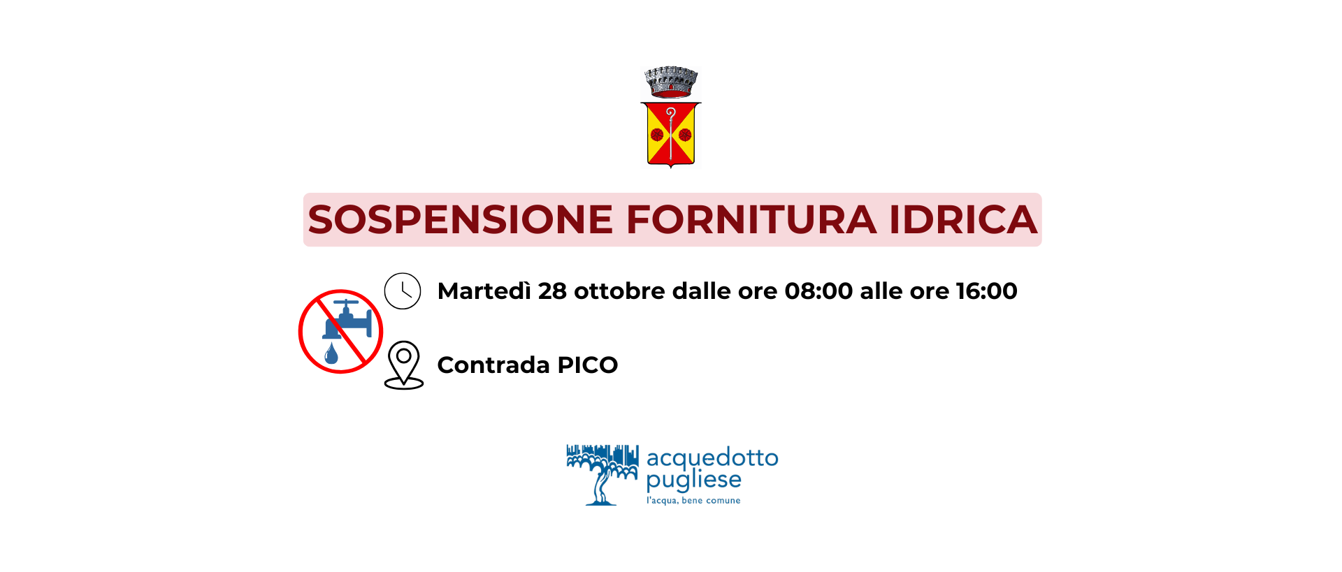 Sospensione fornitura idrica programmata nell'abitato di Cisternino