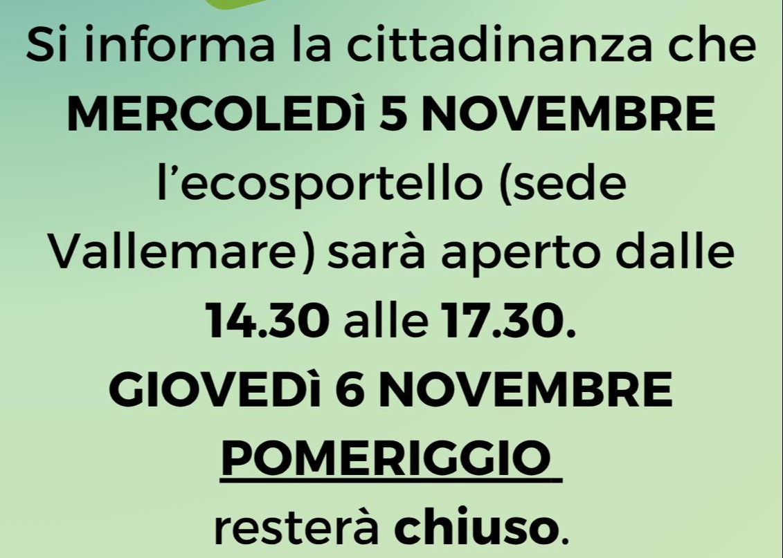 Ecosportello di Vallemare variazione orario dettagli nel volantino allegato