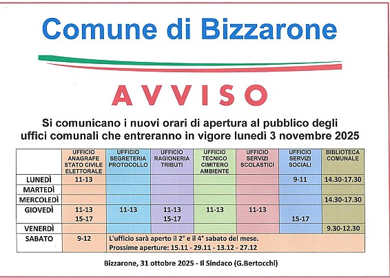 Nuovi orari di apertura al pubblico