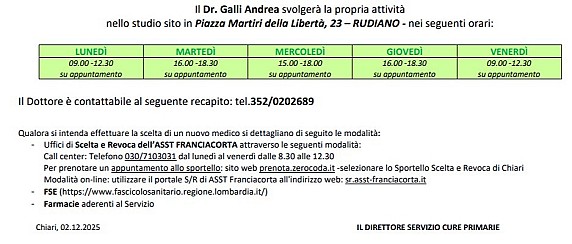 Cessazione attività medico del ruolo unico di assistenza primaria a ciclo di scelta titolare e nuovo conferimento incarico provvisorio nell'ambito territoriale di Rudiano, Roccafranca, Urago d'Oglio.