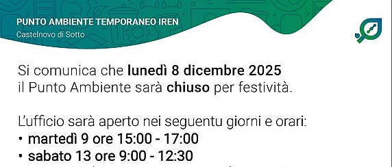 Il Punto Ambiente Iren sarà chiuso l'8 dicembre