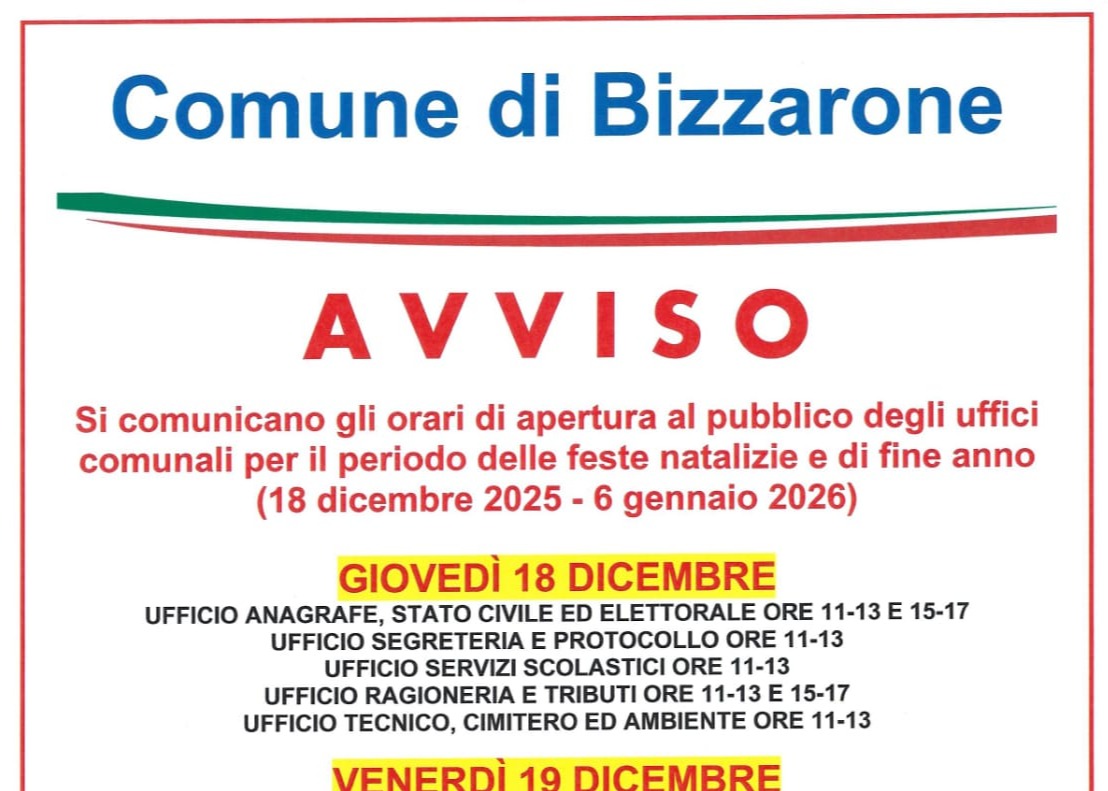 Orari aperture uffici Comunali