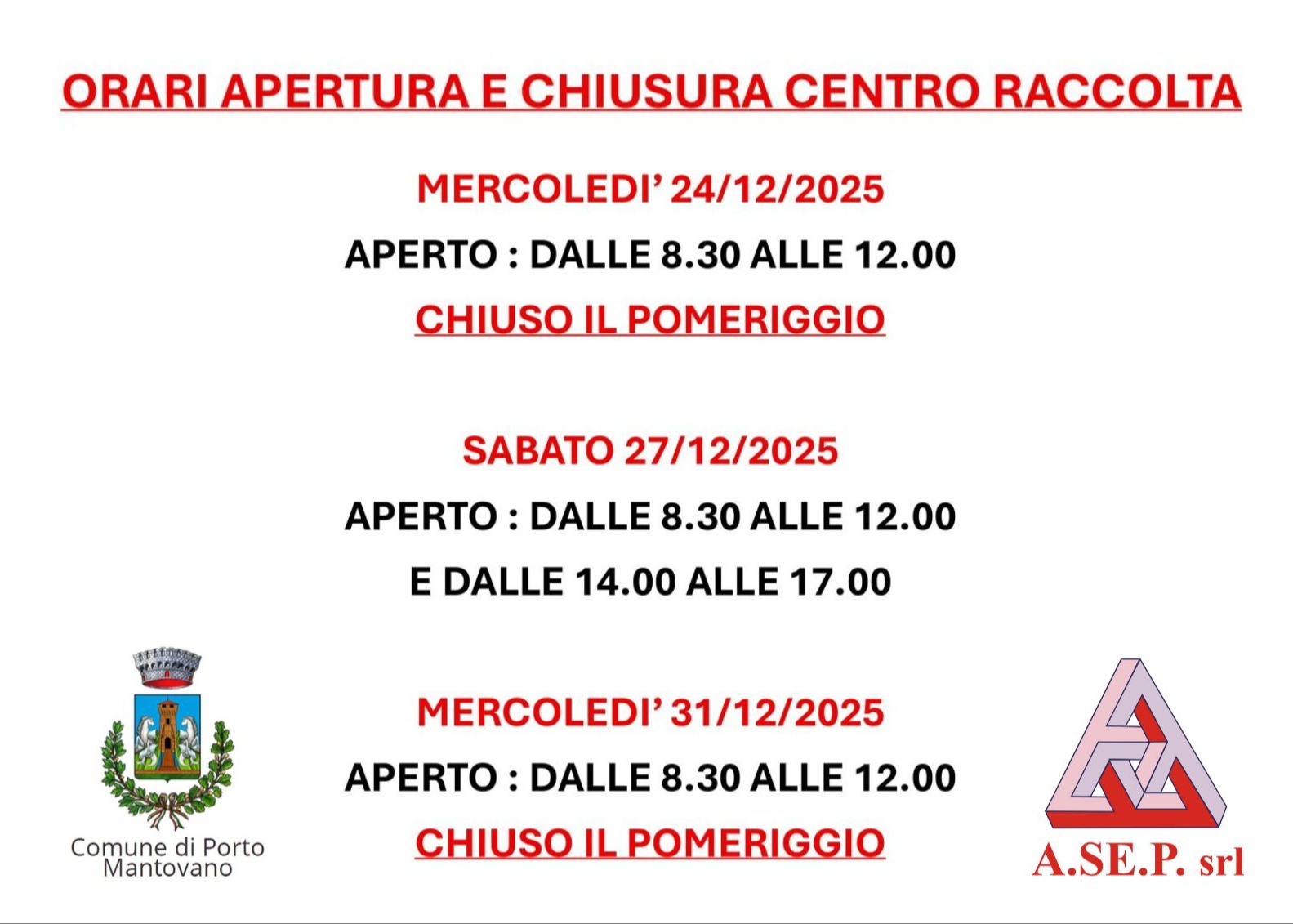 Variazione giorni apertura Centro di Raccolta