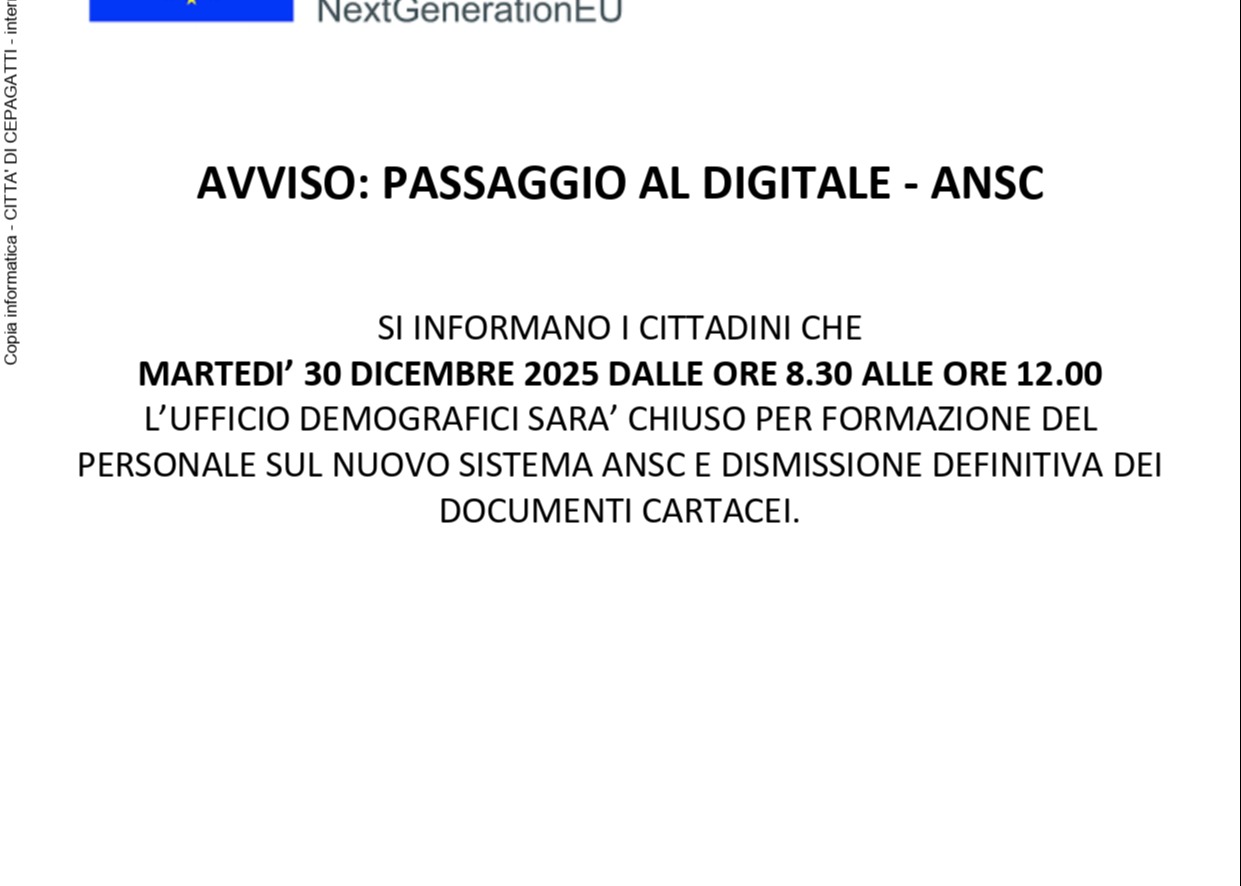 AVVISO CHIUSURA UFFICIO ANAGRAFE PER PASSAGGIO AL DIGITALE