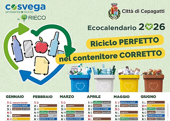 Calendario raccolta rifiuti 2026 - si ricorda che giovedì PRIMO GENNAIO  la raccolta non verrà effettuata