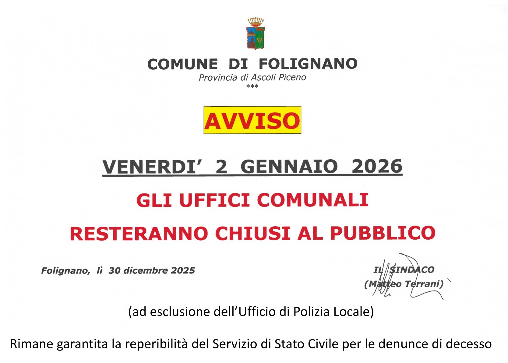 CHIUSURA UFFICI COMUNALI PER IL GIORNO VENERDI' 02 GENNAIO 2026