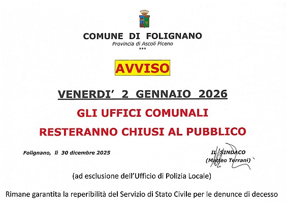 CHIUSURA UFFICI COMUNALI PER IL GIORNO VENERDI' 02 GENNAIO 2026