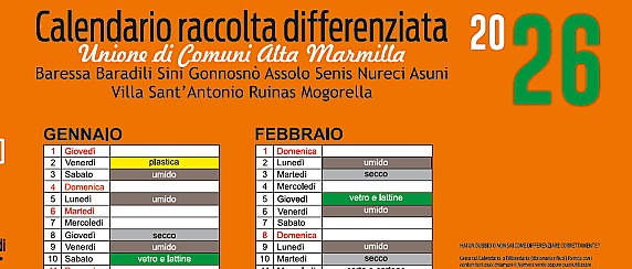 CALENDARIO RACCOLTA DIFFERENZIATA GENNAIO - FEBBRAIO 2026