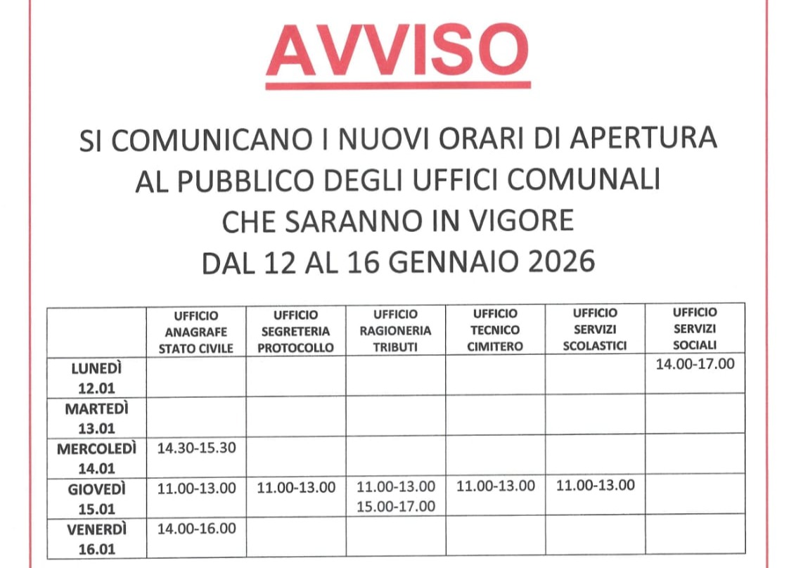 Orari aperture Uffici Comunali