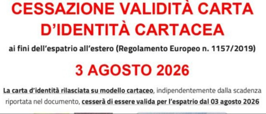 3 agosto 2026 CESSAZIONE VALIDITA' CARTA DI IDENTITA' CARTACEA