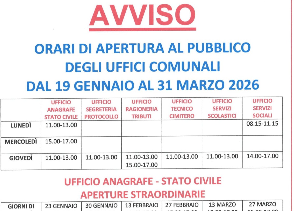 Orari aperture al pubblico degli uffici comunali