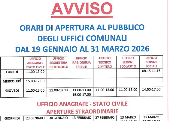 Orari aperture al pubblico degli uffici comunali