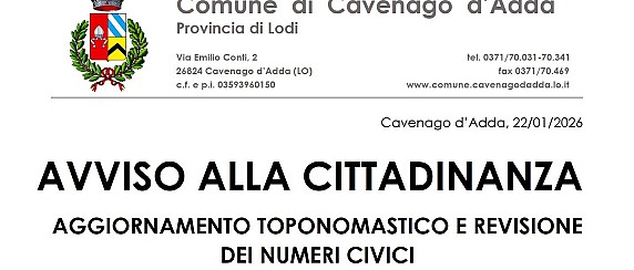 Avviso alla Cittadinanza - Aggiornamento Toponomastico e revisione della numerazione civica